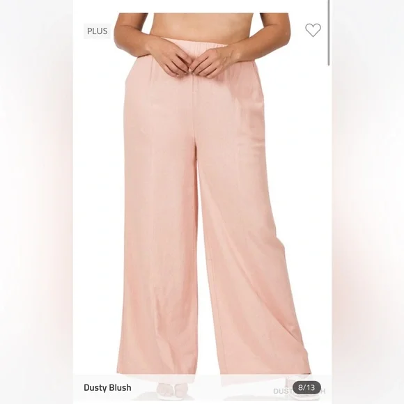 Plus & Regular Size Dusty Blush Linen Relaxed Fit Wide Leg Casual Pants - Picture 3 of 9